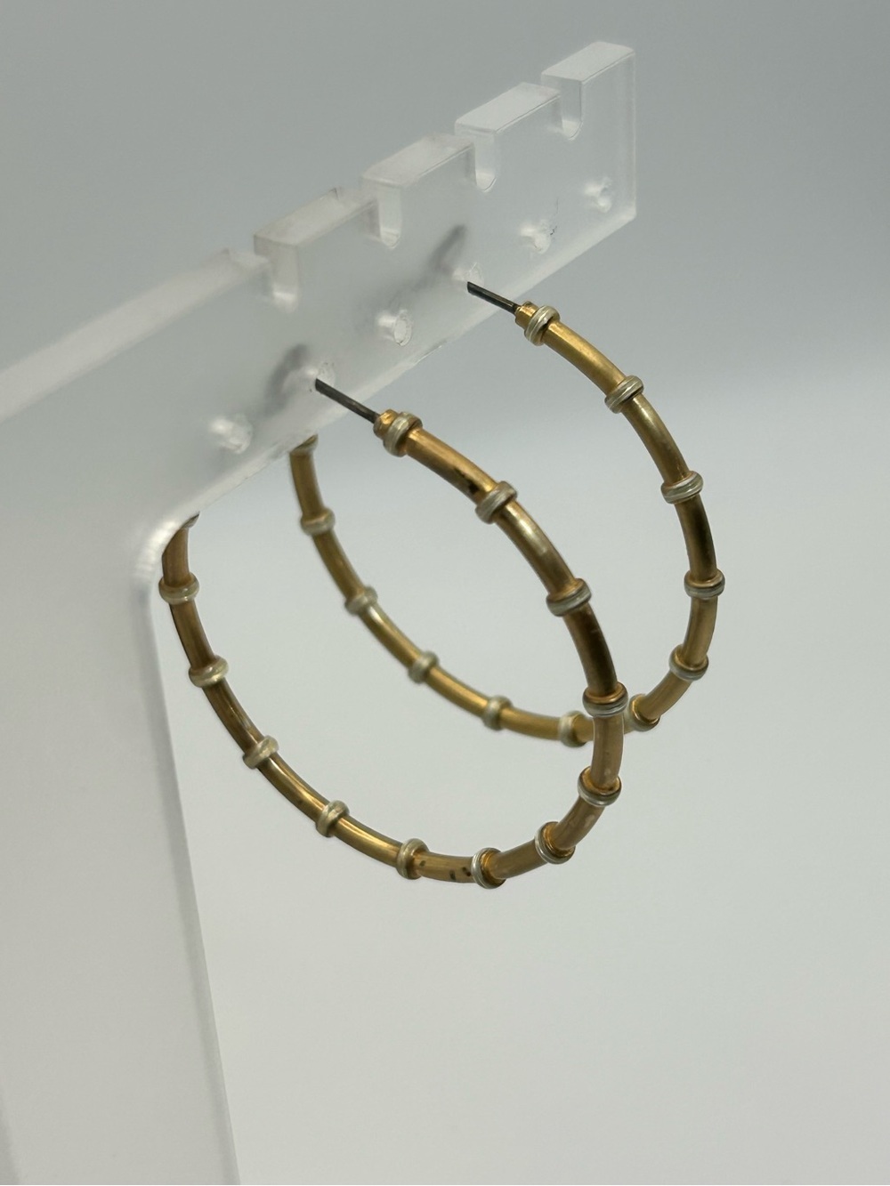 Gold-Tone Bamboo-Style Hoop Earrings Vintage Metal Unsigned 1.75"